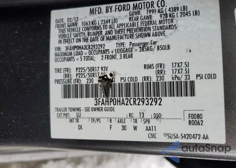 2012 Ford Fusion Se from USA, damaged, VIN 3FAHP0HA2CR293292